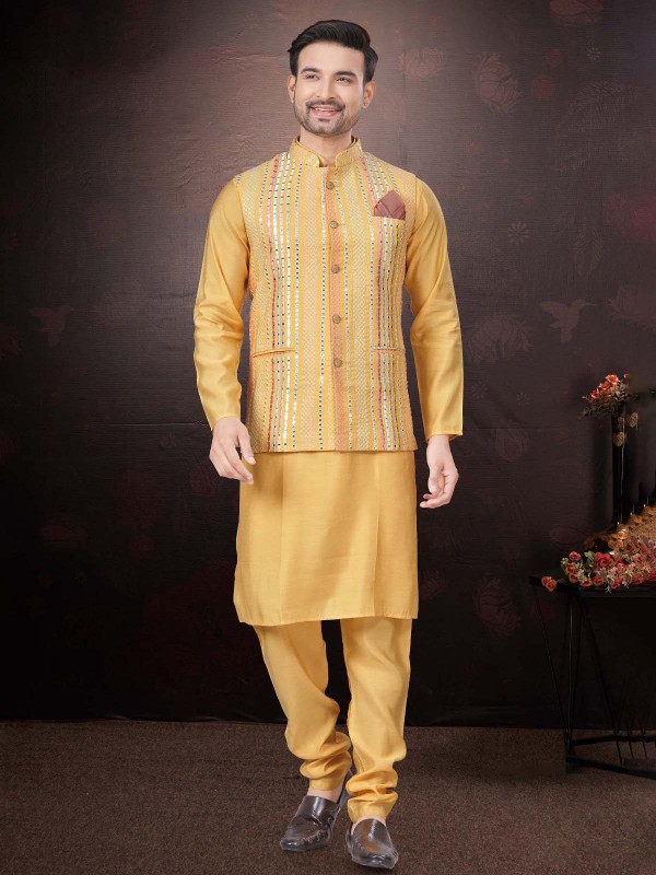 Light Orange Pure Silk Readymade Kurta Pajama With Jacket